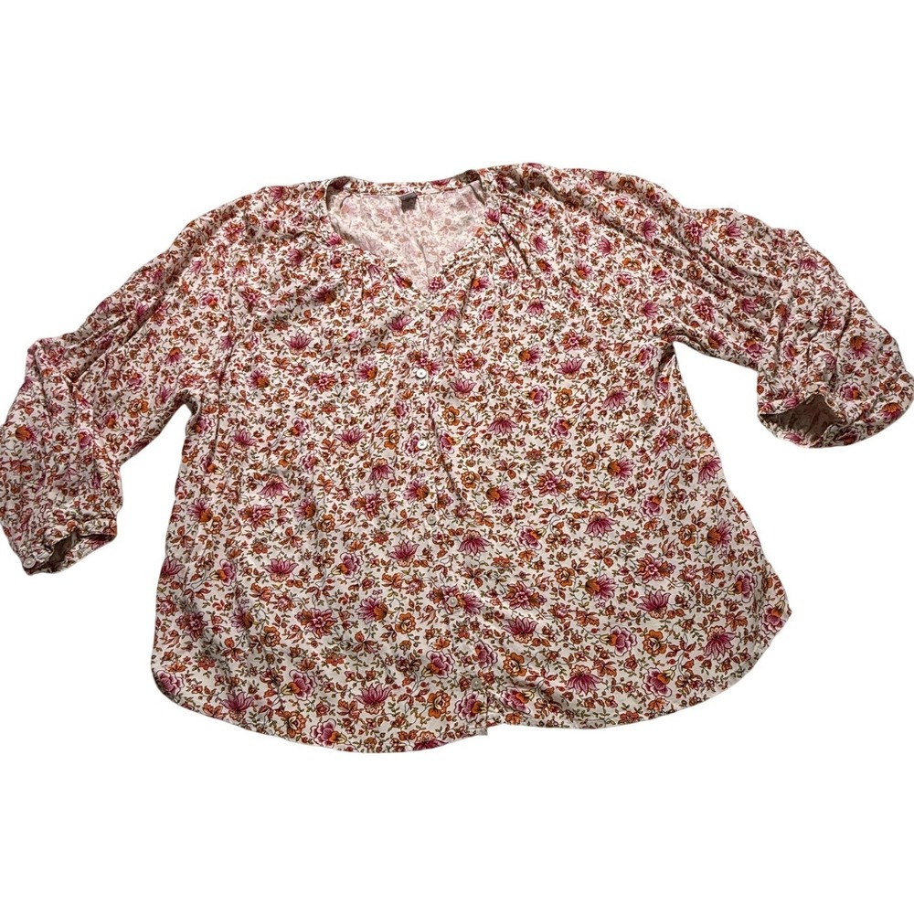 Old Navy Floral Blouse Womens Large Cream Orange Pink Button Front Boho Rayon